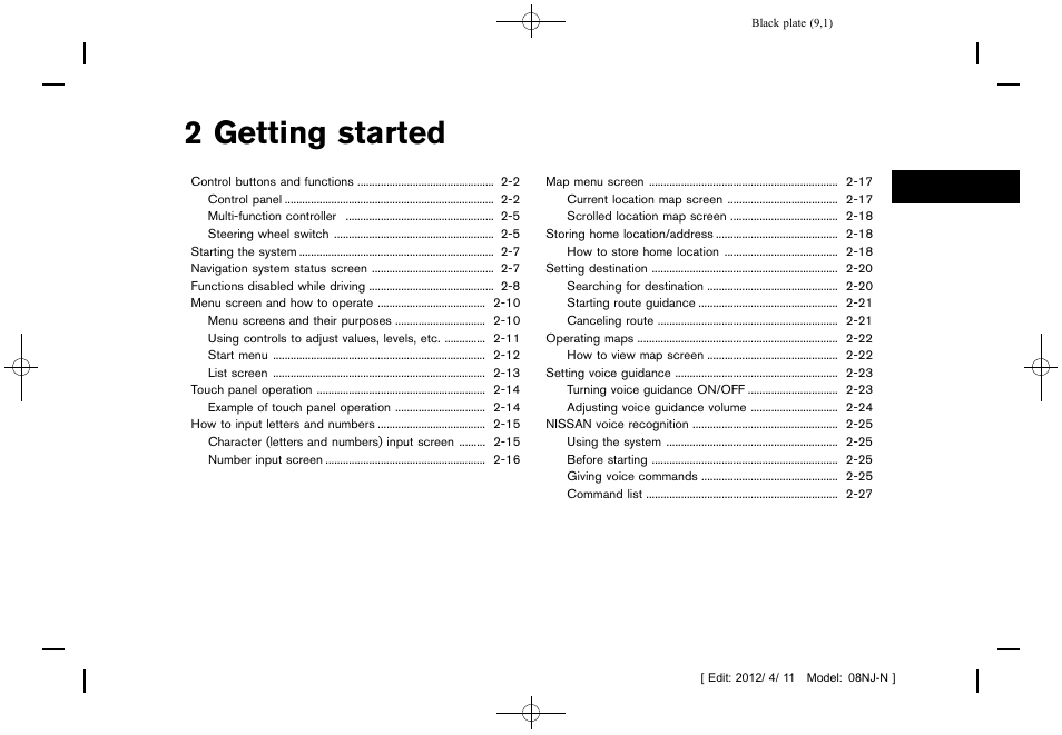 Getting started, 2 getting started | NISSAN 2013 Quest - Navigation System Owner's Manual User Manual | Page 9 / 243