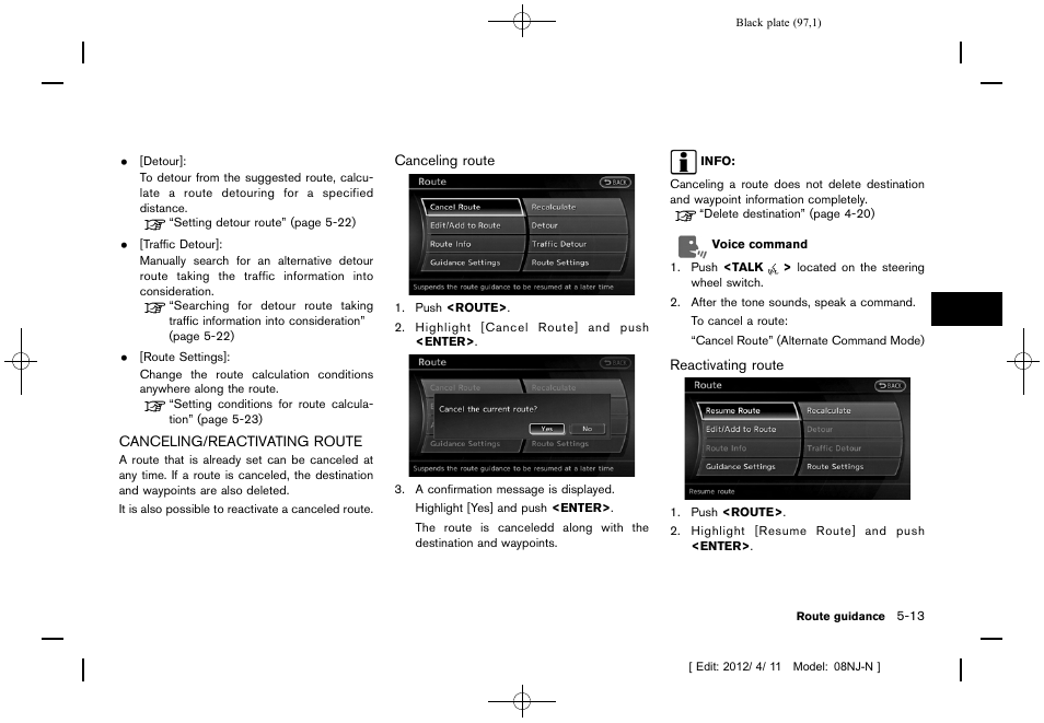 Canceling/reactivating route -13 | NISSAN 2013 Quest - Navigation System Owner's Manual User Manual | Page 97 / 243