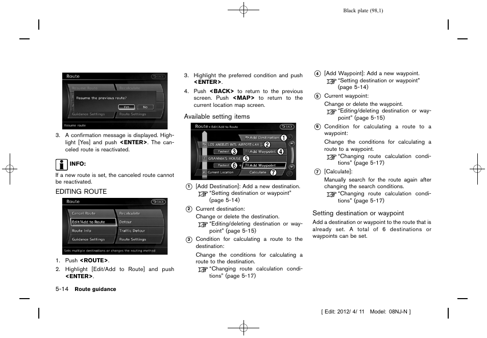 Editing route -14 | NISSAN 2013 Quest - Navigation System Owner's Manual User Manual | Page 98 / 243