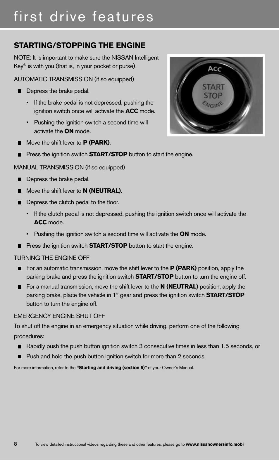 First drive features, Starting/stopping the engine | NISSAN 2013 370Z Roadster - Quick Reference Guide User Manual | Page 10 / 26