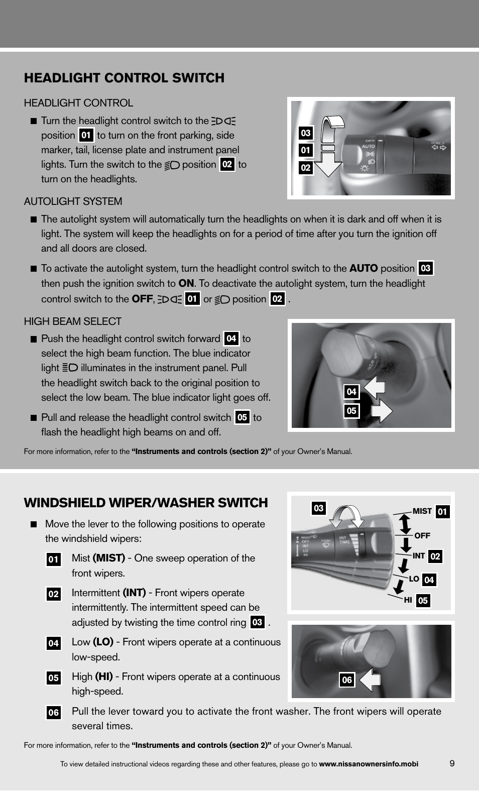 Windshield wiper/washer switch, Headlight control switch | NISSAN 2013 370Z Roadster - Quick Reference Guide User Manual | Page 11 / 26