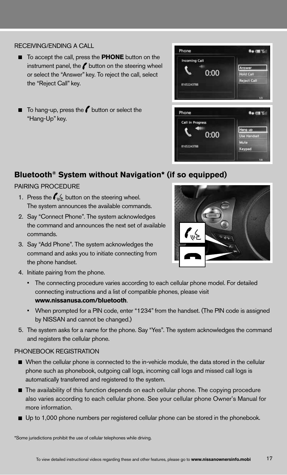 Bluetooth, System without navigation* (if so equipped) | NISSAN 2013 370Z Roadster - Quick Reference Guide User Manual | Page 21 / 26