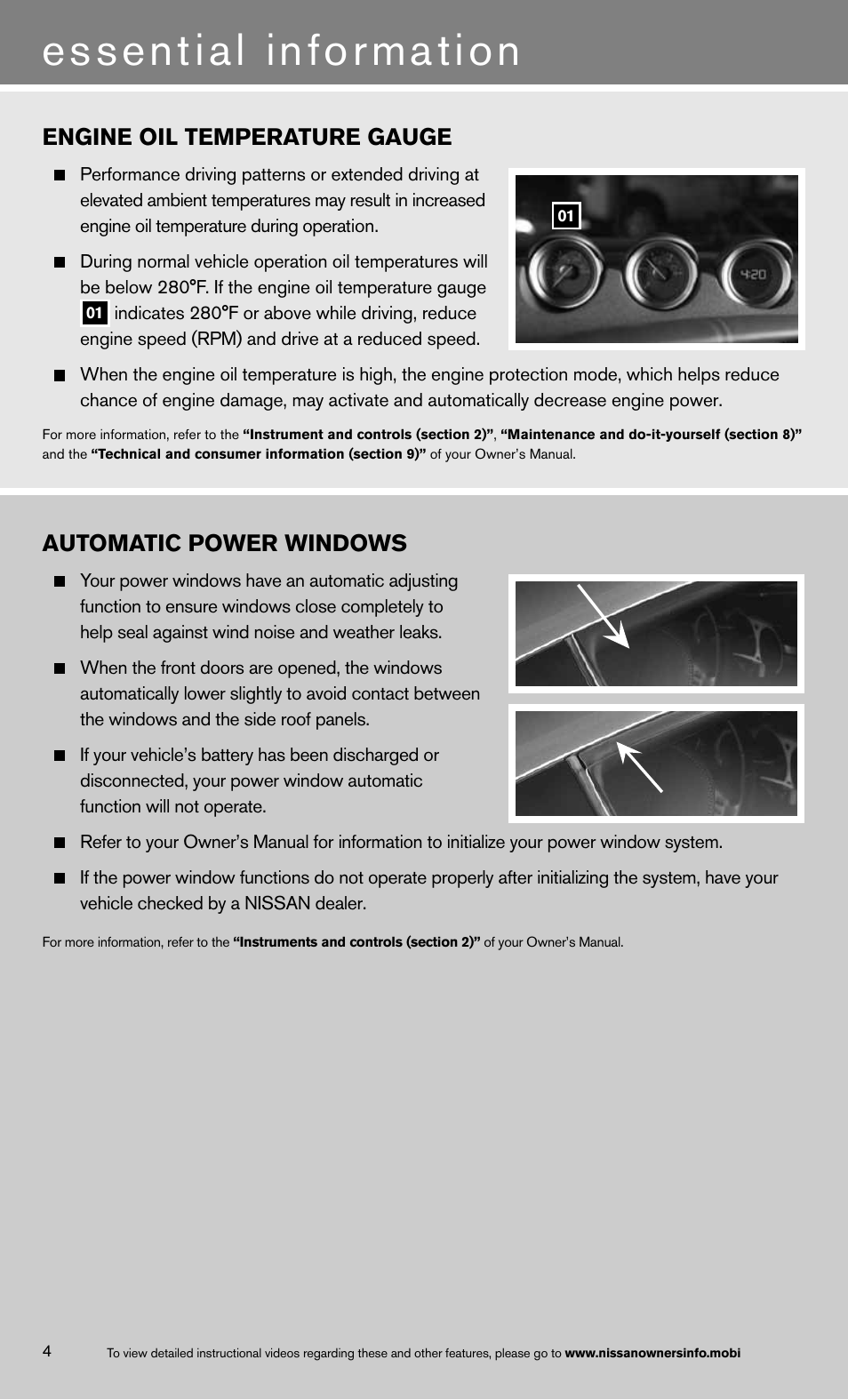 Essential information, Engine oil temperature gauge, Automatic power windows | NISSAN 2013 370Z Roadster - Quick Reference Guide User Manual | Page 6 / 26