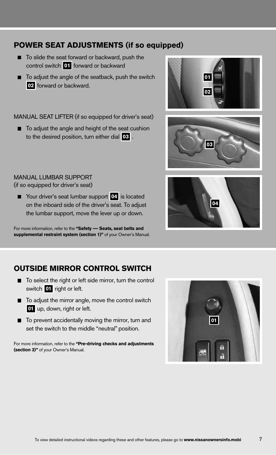 Power seat adjustments (if so equipped), Outside mirror control switch | NISSAN 2013 370Z Roadster - Quick Reference Guide User Manual | Page 9 / 26