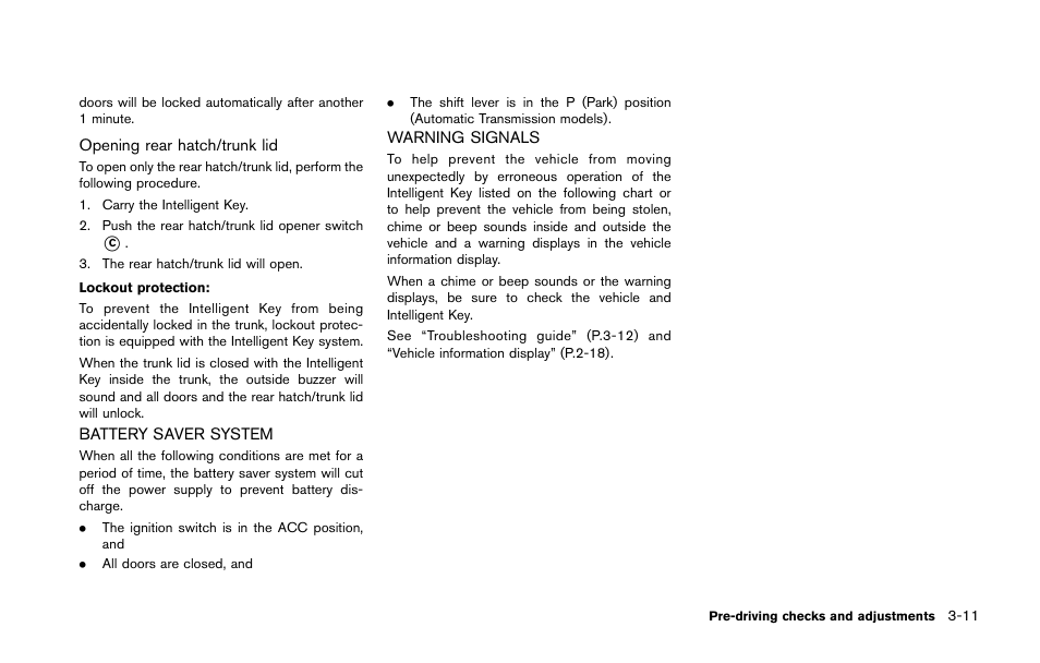 Battery saver system -11 warning signals -11 | NISSAN 2014 370Z Roadster - Owner's Manual User Manual | Page 132 / 428