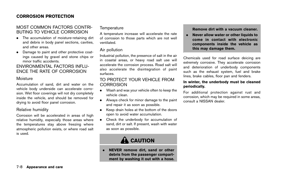 Corrosion protection -8, Caution | NISSAN 2014 370Z Roadster - Owner's Manual User Manual | Page 353 / 428