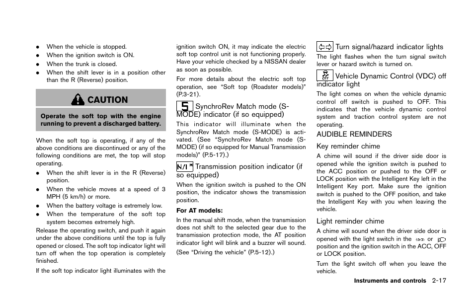 Audible reminders -17, Caution | NISSAN 2014 370Z Roadster - Owner's Manual User Manual | Page 82 / 428