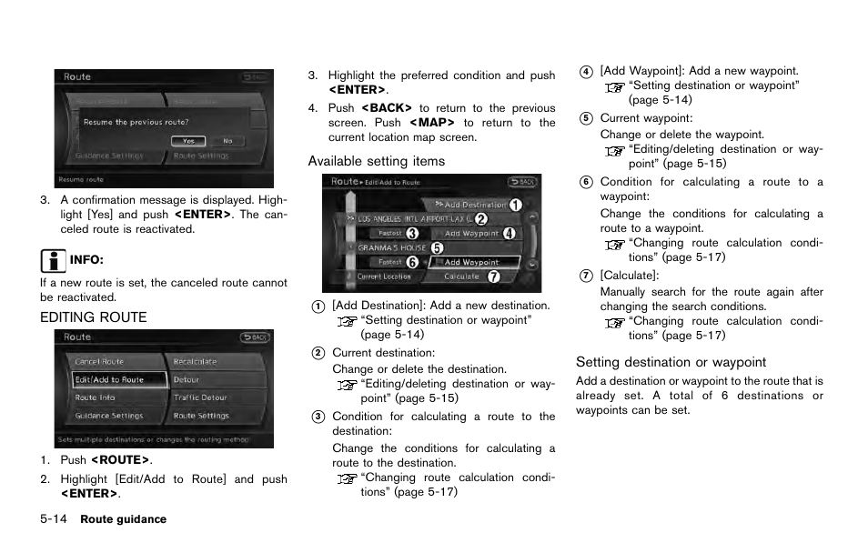 Editing route -14 | NISSAN 2014 Quest - Navigation System Owner's Manual User Manual | Page 102 / 252