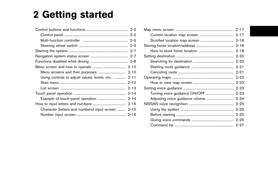 Getting started, 2 getting started | NISSAN 2014 Quest - Navigation System Owner's Manual User Manual | Page 11 / 252