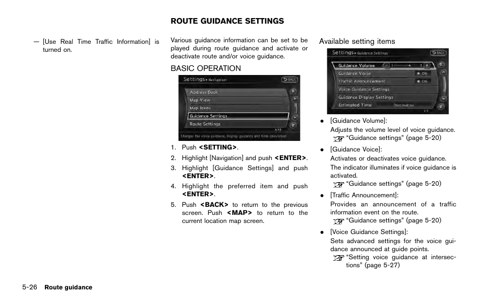 Route guidance settings -26, Basic operation -26 | NISSAN 2014 Quest - Navigation System Owner's Manual User Manual | Page 114 / 252