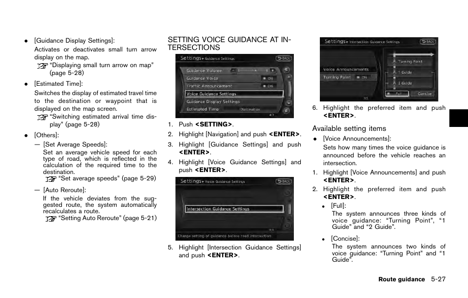 Setting voice guidance at intersections -27 | NISSAN 2014 Quest - Navigation System Owner's Manual User Manual | Page 115 / 252
