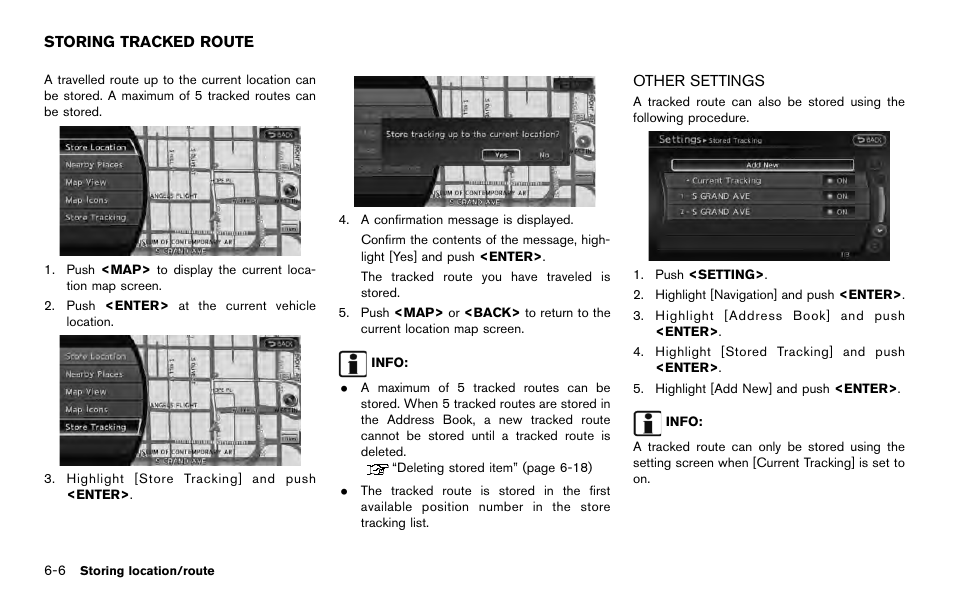 Storing tracked route -6, Other settings -6 | NISSAN 2014 Quest - Navigation System Owner's Manual User Manual | Page 124 / 252
