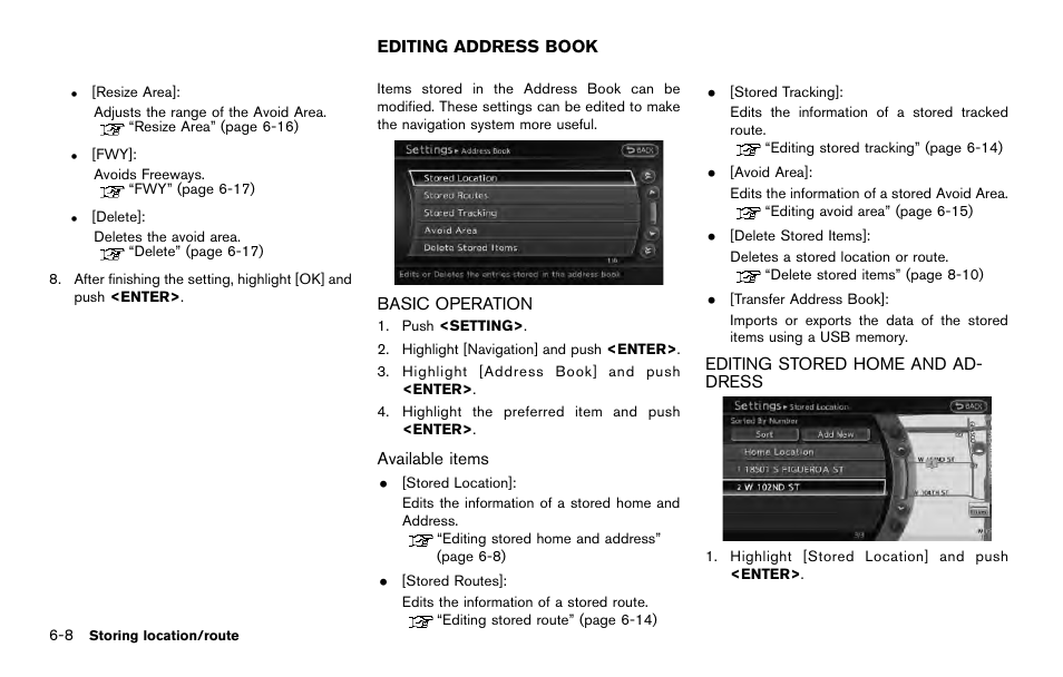 Editing address book -8, Basic operation -8, Editing stored home and address -8 | NISSAN 2014 Quest - Navigation System Owner's Manual User Manual | Page 126 / 252