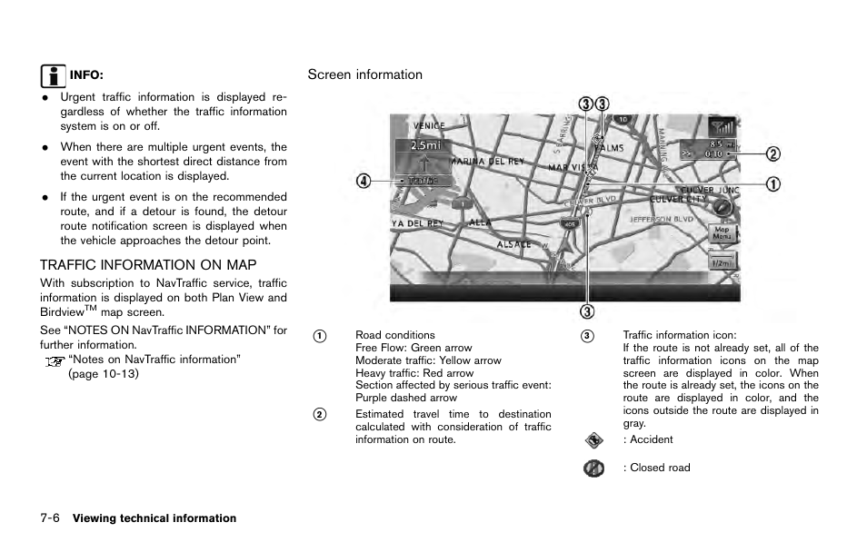 Traffic information on map -6 | NISSAN 2014 Quest - Navigation System Owner's Manual User Manual | Page 148 / 252