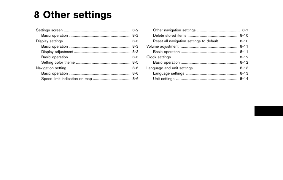 Other settings, 8 other settings | NISSAN 2014 Quest - Navigation System Owner's Manual User Manual | Page 163 / 252