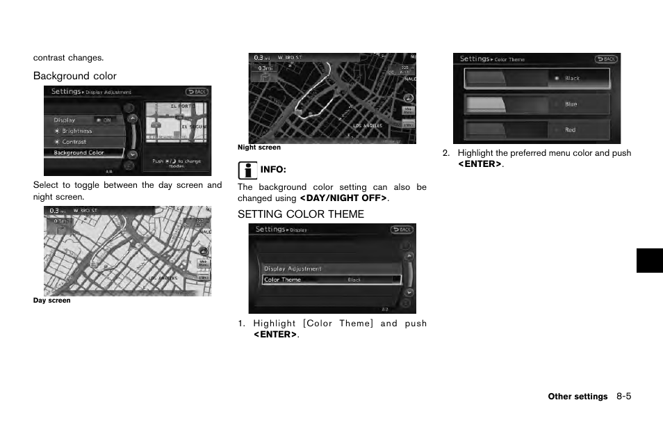Setting color theme -5 | NISSAN 2014 Quest - Navigation System Owner's Manual User Manual | Page 167 / 252