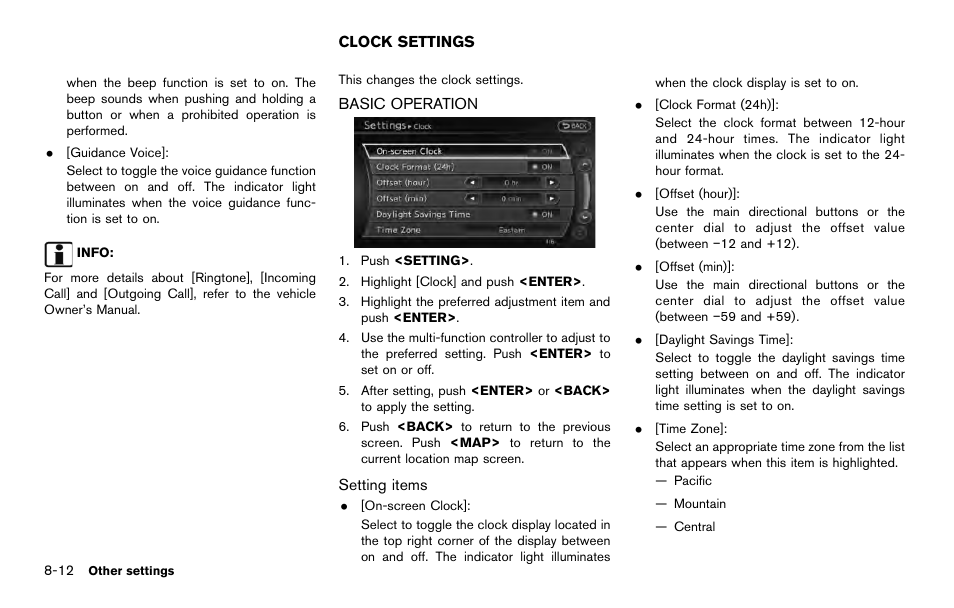 Clock settings -12, Basic operation -12 | NISSAN 2014 Quest - Navigation System Owner's Manual User Manual | Page 174 / 252