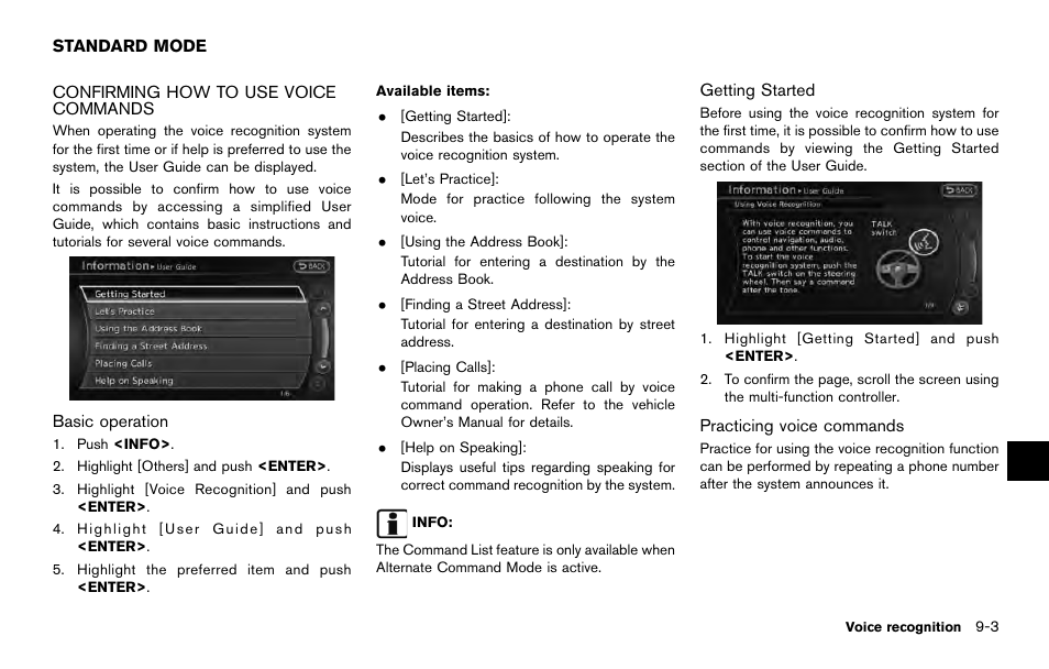 Standard mode -3, Confirming how to use voice commands -3 | NISSAN 2014 Quest - Navigation System Owner's Manual User Manual | Page 179 / 252