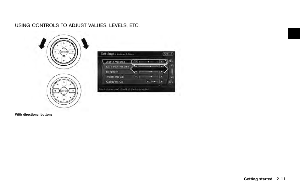 Using controls to adjust values, levels, etc -11 | NISSAN 2014 Quest - Navigation System Owner's Manual User Manual | Page 21 / 252