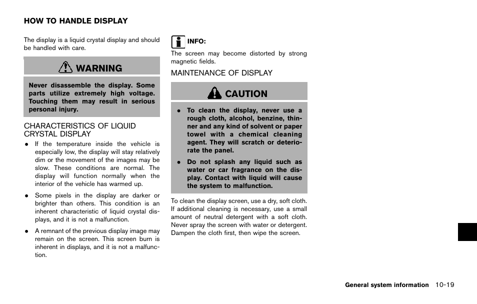 How to handle display -19, Warning, Caution | NISSAN 2014 Quest - Navigation System Owner's Manual User Manual | Page 221 / 252