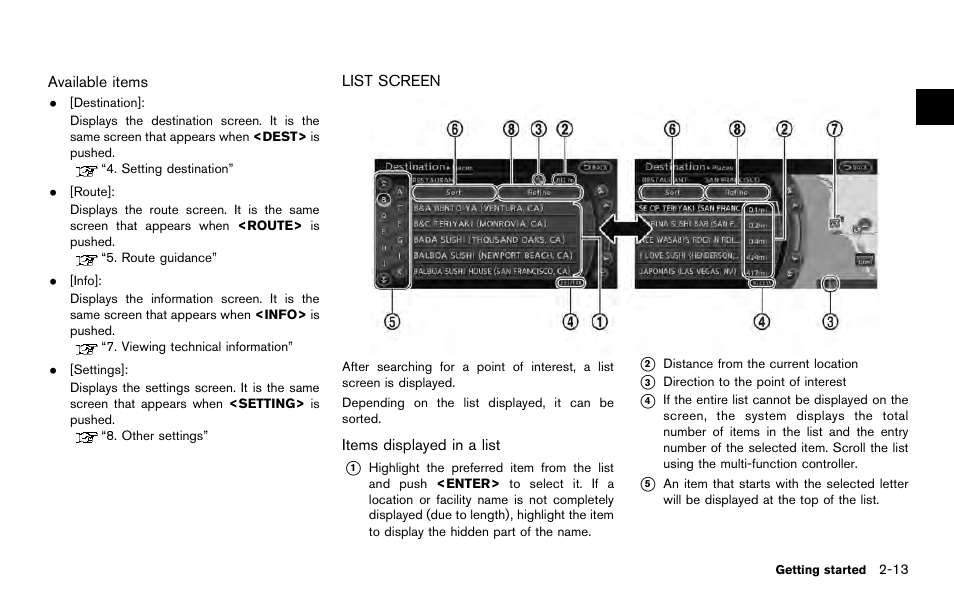 List screen -13 | NISSAN 2014 Quest - Navigation System Owner's Manual User Manual | Page 23 / 252