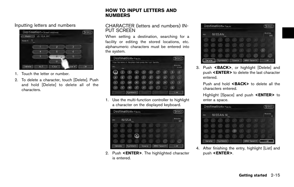 How to input letters and numbers -15, Character (letters and numbers) input screen -15 | NISSAN 2014 Quest - Navigation System Owner's Manual User Manual | Page 25 / 252
