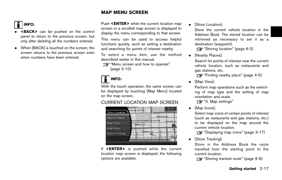 Map menu screen -17, Current location map screen -17 | NISSAN 2014 Quest - Navigation System Owner's Manual User Manual | Page 27 / 252