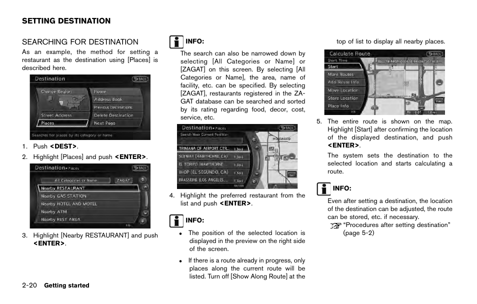 Setting destination -20, Searching for destination -20 | NISSAN 2014 Quest - Navigation System Owner's Manual User Manual | Page 30 / 252