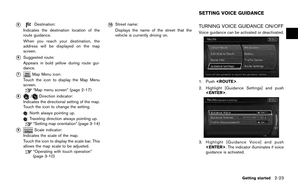 Setting voice guidance -23, Turning voice guidance on/off -23 | NISSAN 2014 Quest - Navigation System Owner's Manual User Manual | Page 33 / 252