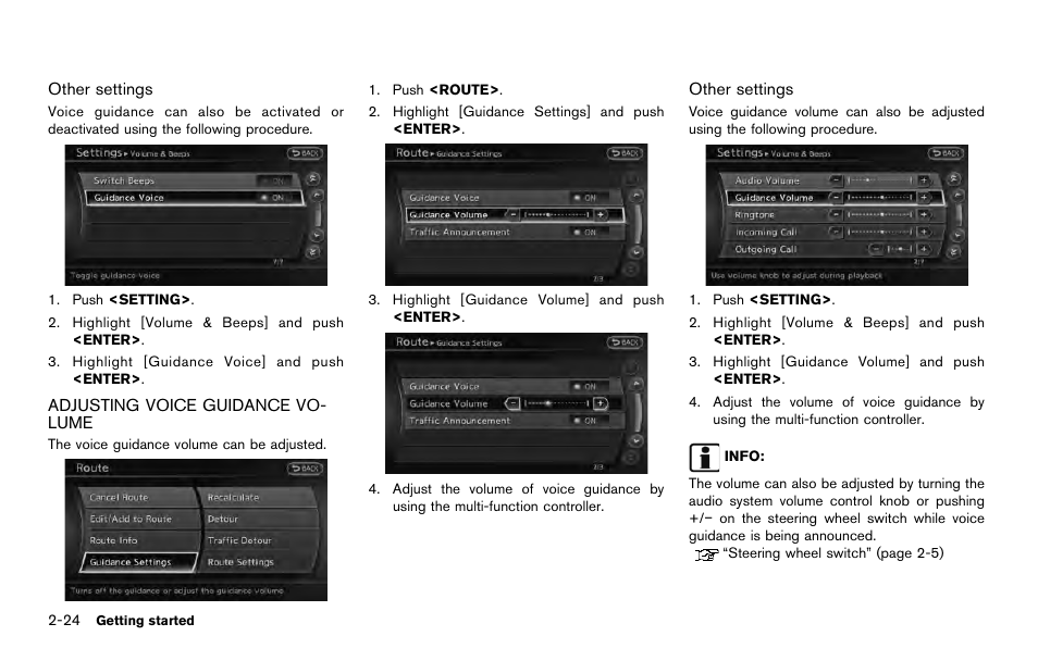 Adjusting voice guidance volume -24 | NISSAN 2014 Quest - Navigation System Owner's Manual User Manual | Page 34 / 252