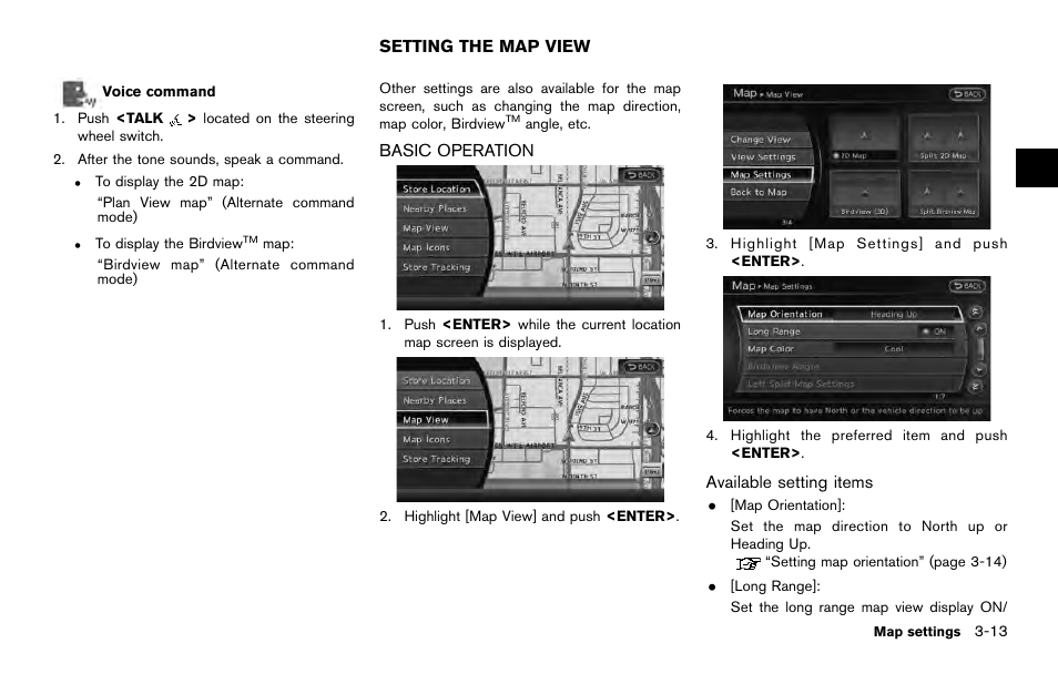 Setting the map view -13, Basic operation -13 | NISSAN 2014 Quest - Navigation System Owner's Manual User Manual | Page 57 / 252