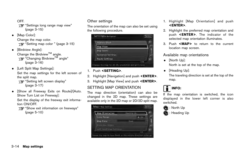 Setting map orientation -14 | NISSAN 2014 Quest - Navigation System Owner's Manual User Manual | Page 58 / 252