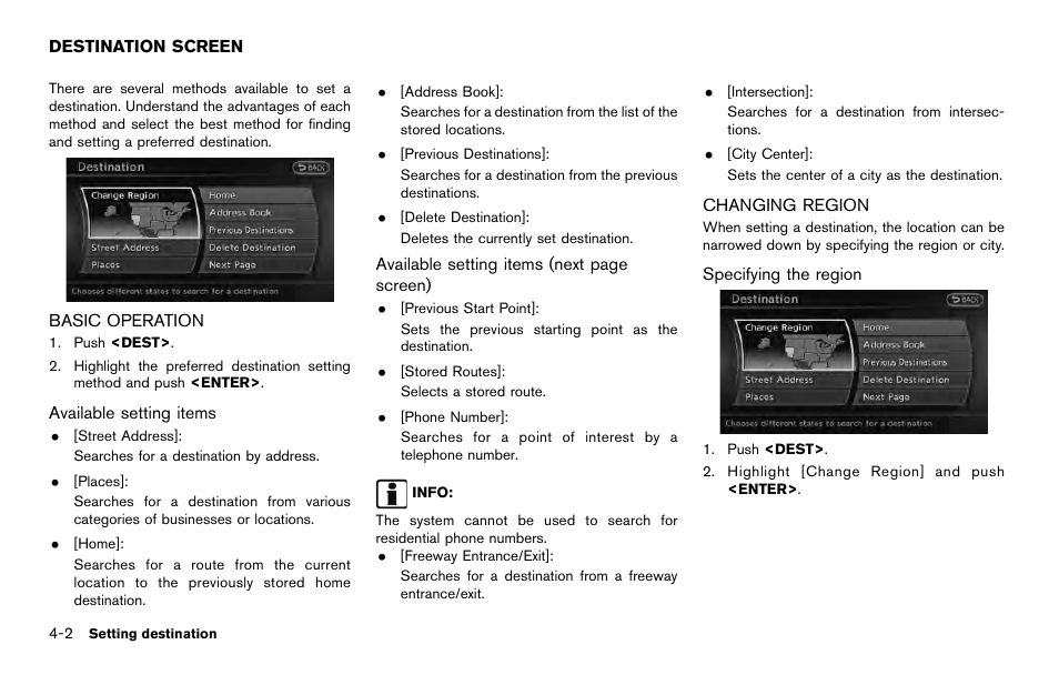 Destination screen -2, Basic operation -2 changing region -2 | NISSAN 2014 Quest - Navigation System Owner's Manual User Manual | Page 68 / 252