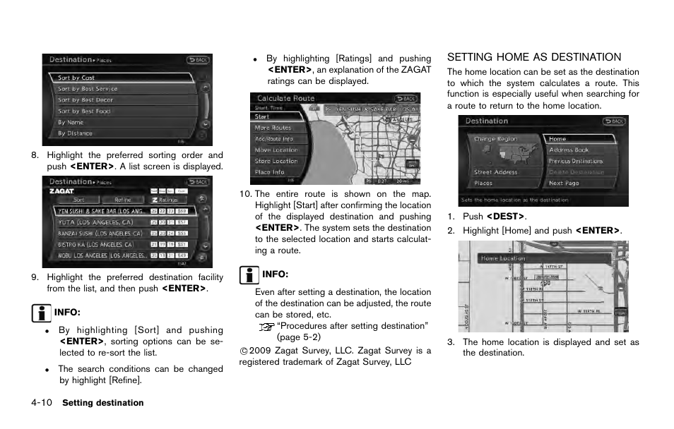 Setting home as destination -10 | NISSAN 2014 Quest - Navigation System Owner's Manual User Manual | Page 76 / 252