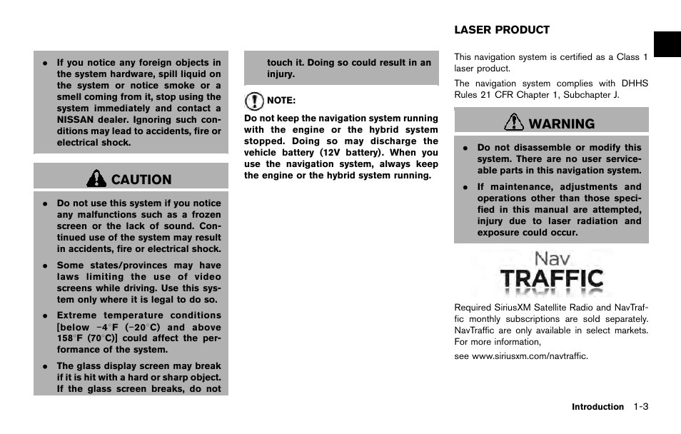 Laser product -3, Caution, Warning | NISSAN 2014 Quest - Navigation System Owner's Manual User Manual | Page 9 / 252