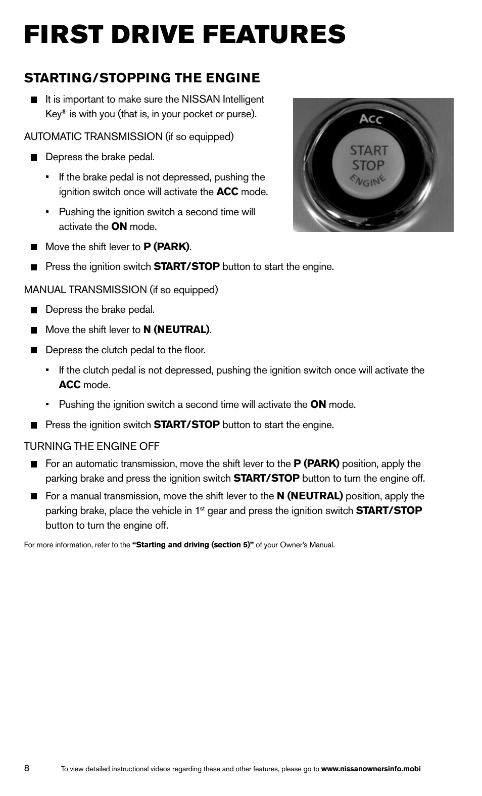 First drive features, Starting/stopping the engine | NISSAN 2014 370Z Roadster - Quick Reference Guide User Manual | Page 10 / 24
