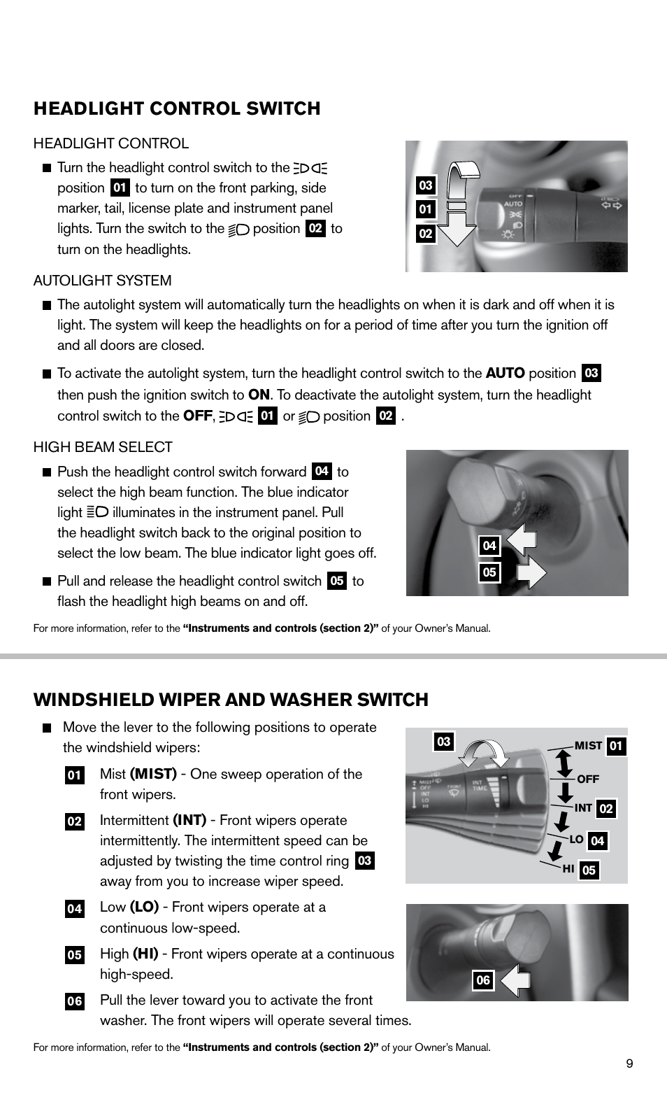 Windshield wiper and washer switch, Headlight control switch | NISSAN 2014 370Z Roadster - Quick Reference Guide User Manual | Page 11 / 24