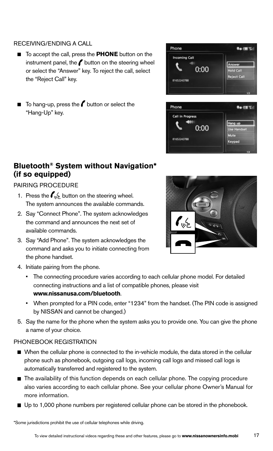 Bluetooth, System without navigation* (if so equipped) | NISSAN 2014 370Z Roadster - Quick Reference Guide User Manual | Page 19 / 24