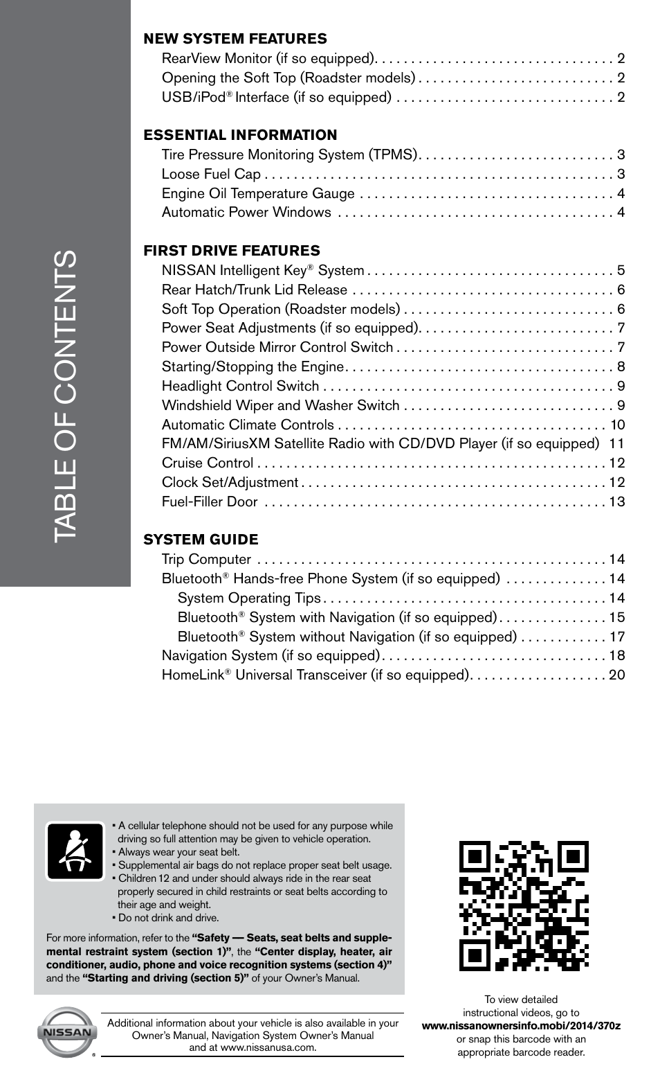 NISSAN 2014 370Z Roadster - Quick Reference Guide User Manual | Page 3 / 24