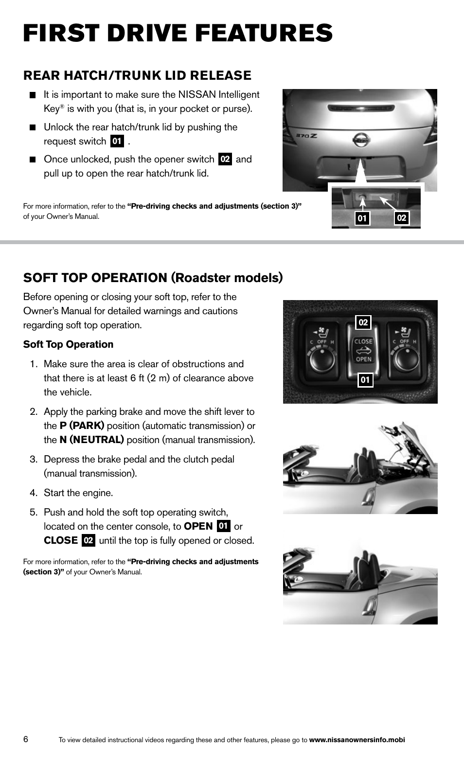 First drive features, Rear hatch/trunk lid release, Soft top operation (roadster models) | NISSAN 2014 370Z Roadster - Quick Reference Guide User Manual | Page 8 / 24