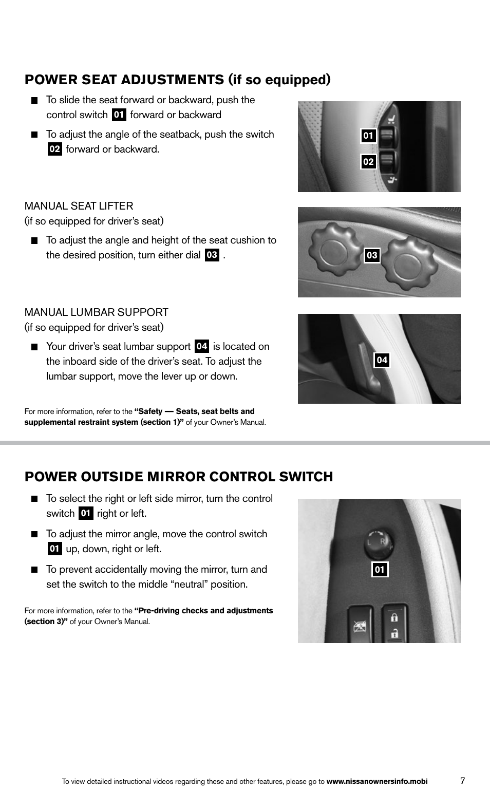 Power seat adjustments (if so equipped), Power outside mirror control switch | NISSAN 2014 370Z Roadster - Quick Reference Guide User Manual | Page 9 / 24