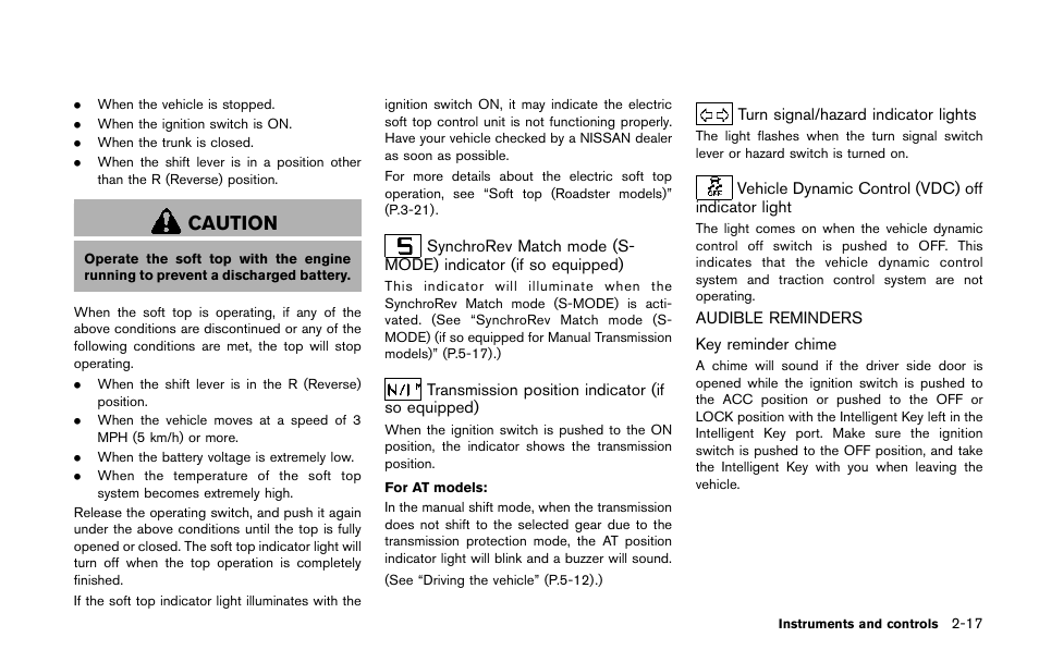 Audible reminders -17, Caution | NISSAN 2015 370Z Roadster - Owner's Manual User Manual | Page 82 / 420