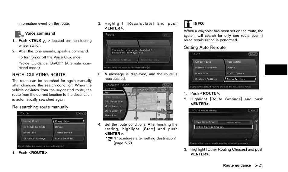 Recalculating route -21 | NISSAN 2015 Quest - Navigation System Owner's Manual User Manual | Page 105 / 241