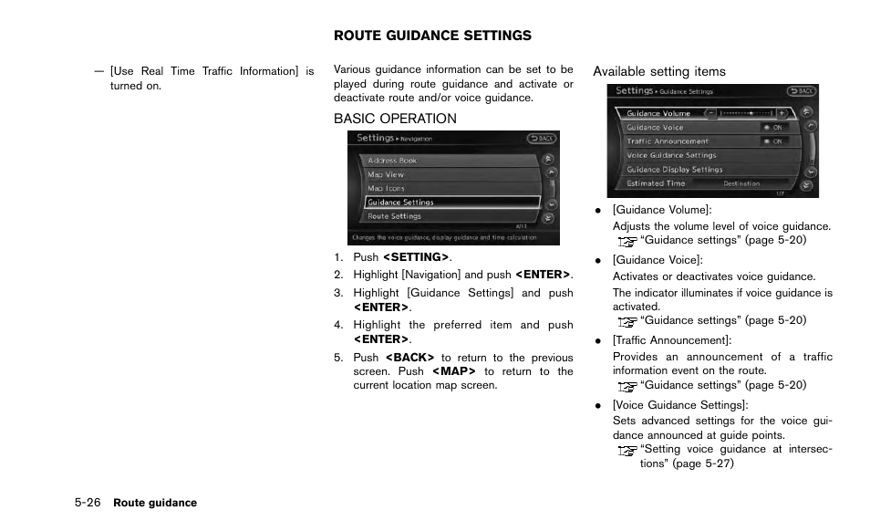 Route guidance settings -26, Basic operation -26 | NISSAN 2015 Quest - Navigation System Owner's Manual User Manual | Page 110 / 241