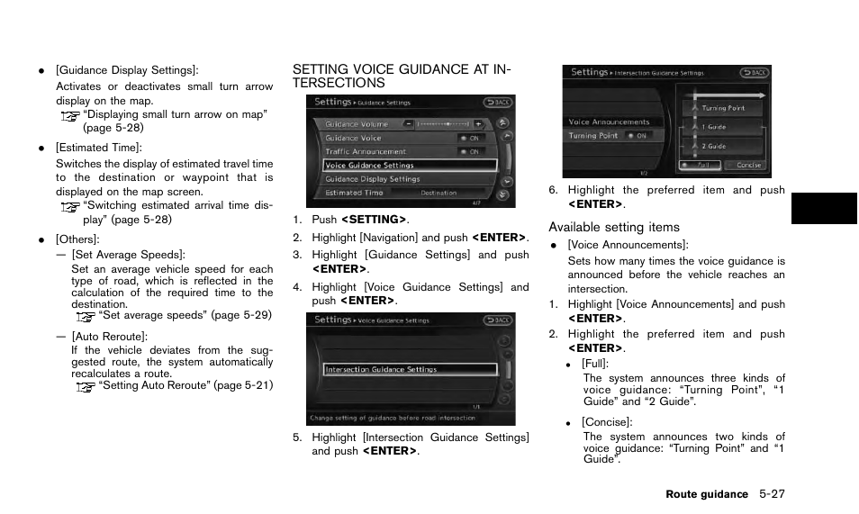 Setting voice guidance at intersections -27 | NISSAN 2015 Quest - Navigation System Owner's Manual User Manual | Page 111 / 241