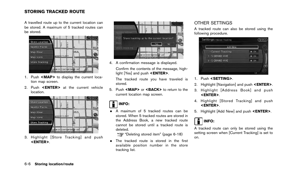 Storing tracked route -6, Other settings -6 | NISSAN 2015 Quest - Navigation System Owner's Manual User Manual | Page 120 / 241