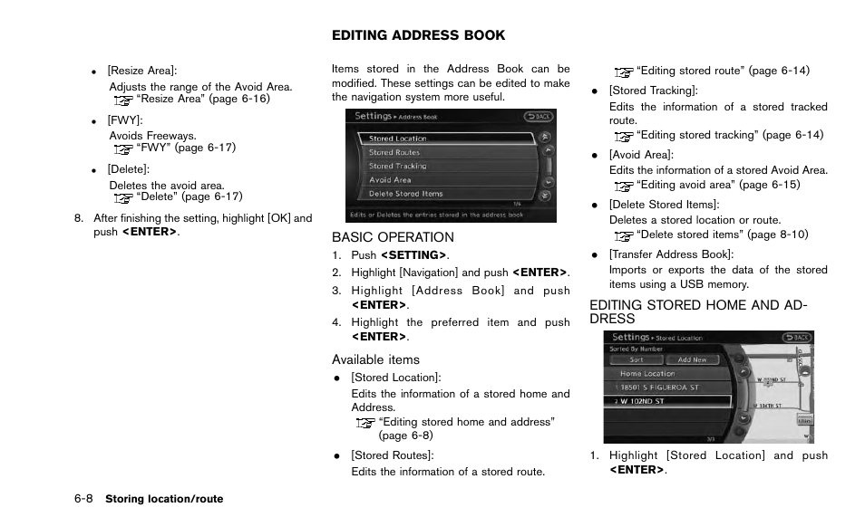 Editing address book -8, Basic operation -8, Editing stored home and address -8 | NISSAN 2015 Quest - Navigation System Owner's Manual User Manual | Page 122 / 241