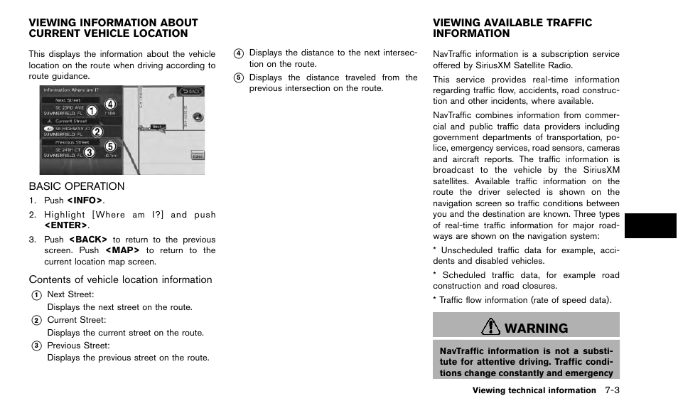 Basic operation -3, Viewing available traffic information -3, Warning | NISSAN 2015 Quest - Navigation System Owner's Manual User Manual | Page 139 / 241