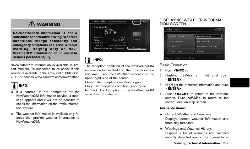 Displaying weather information screen -9, Warning | NISSAN 2015 Quest - Navigation System Owner's Manual User Manual | Page 145 / 241