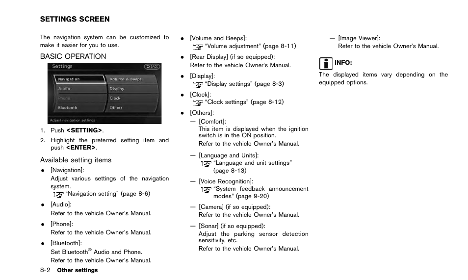 Settings screen -2, Basic operation -2 | NISSAN 2015 Quest - Navigation System Owner's Manual User Manual | Page 158 / 241